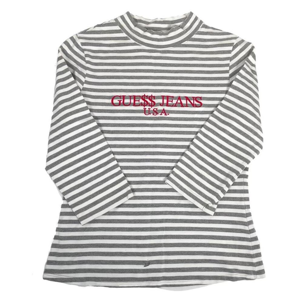 GUESS Women's Large Striped Long Sleeve Shirt White Gray Streetwear